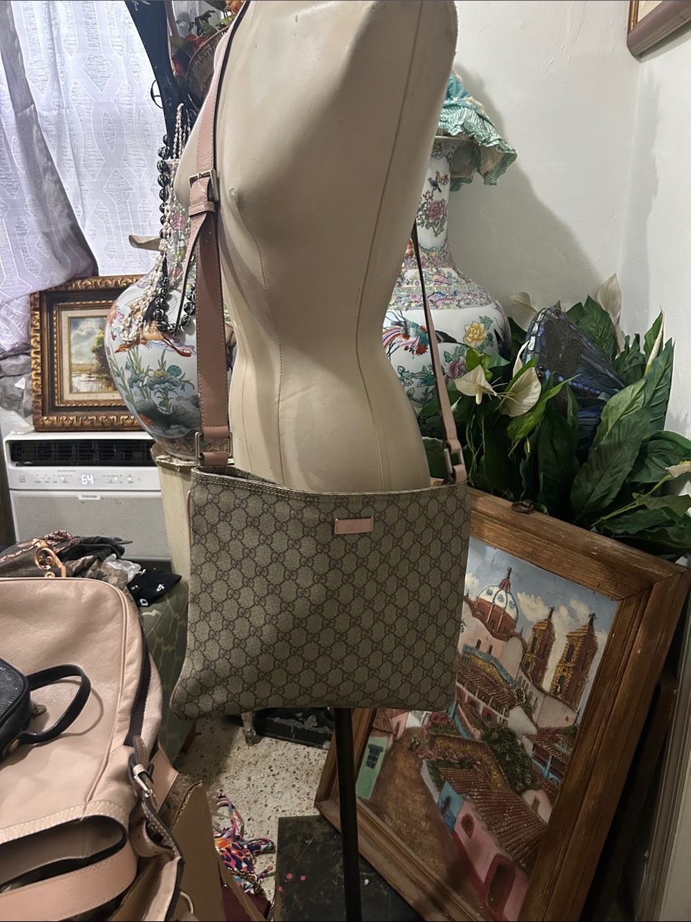Beige Monogram Crossbody Bag with Pink Strap